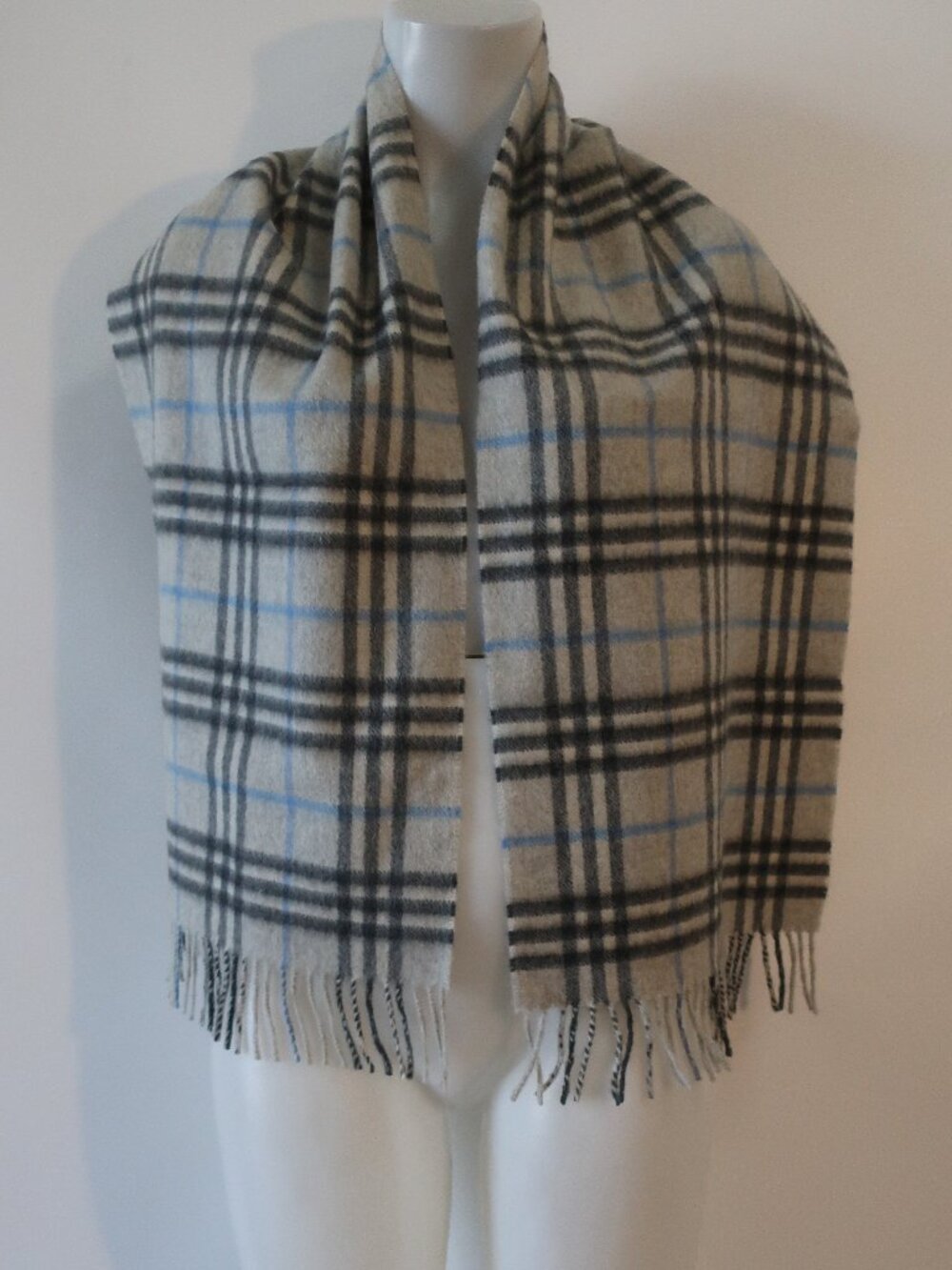 Womens Burberry Grey Black Blue (Item-23) Tartan Check Cashmere Fringed Scarf